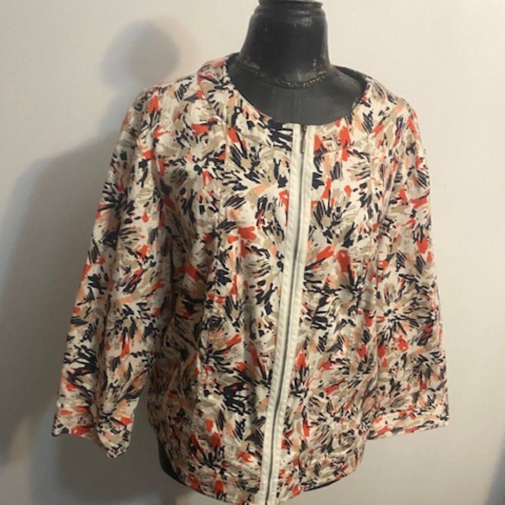 Ruby Rd. multi-color abstract design zip front 3/4 sleeves blazer, size 18W